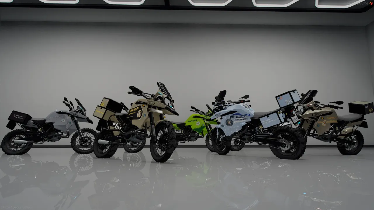 Ubermacht 1130 TTS FiveM police motorcycles in grey, sheriff, green and white police liveries lined up in a garage