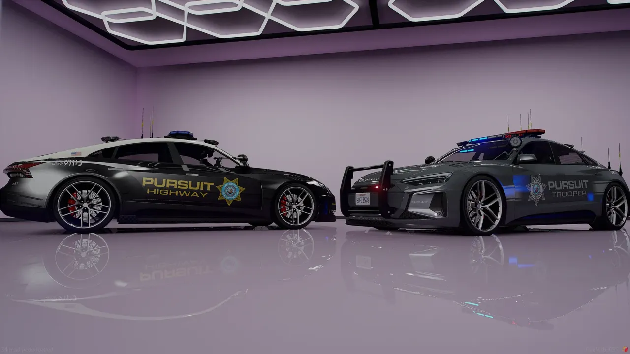 Obey Omnis e-GT FiveM police cars in black Pursuit Highway and grey Pursuit Trooper liveries in a garage