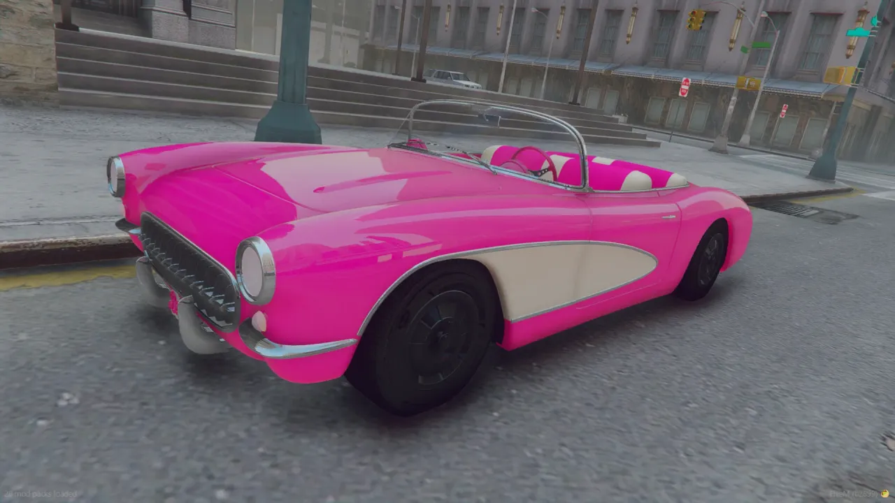 Barbie Muscle 1992 FiveM car in pink with white side coves and an open roadster top on a city street