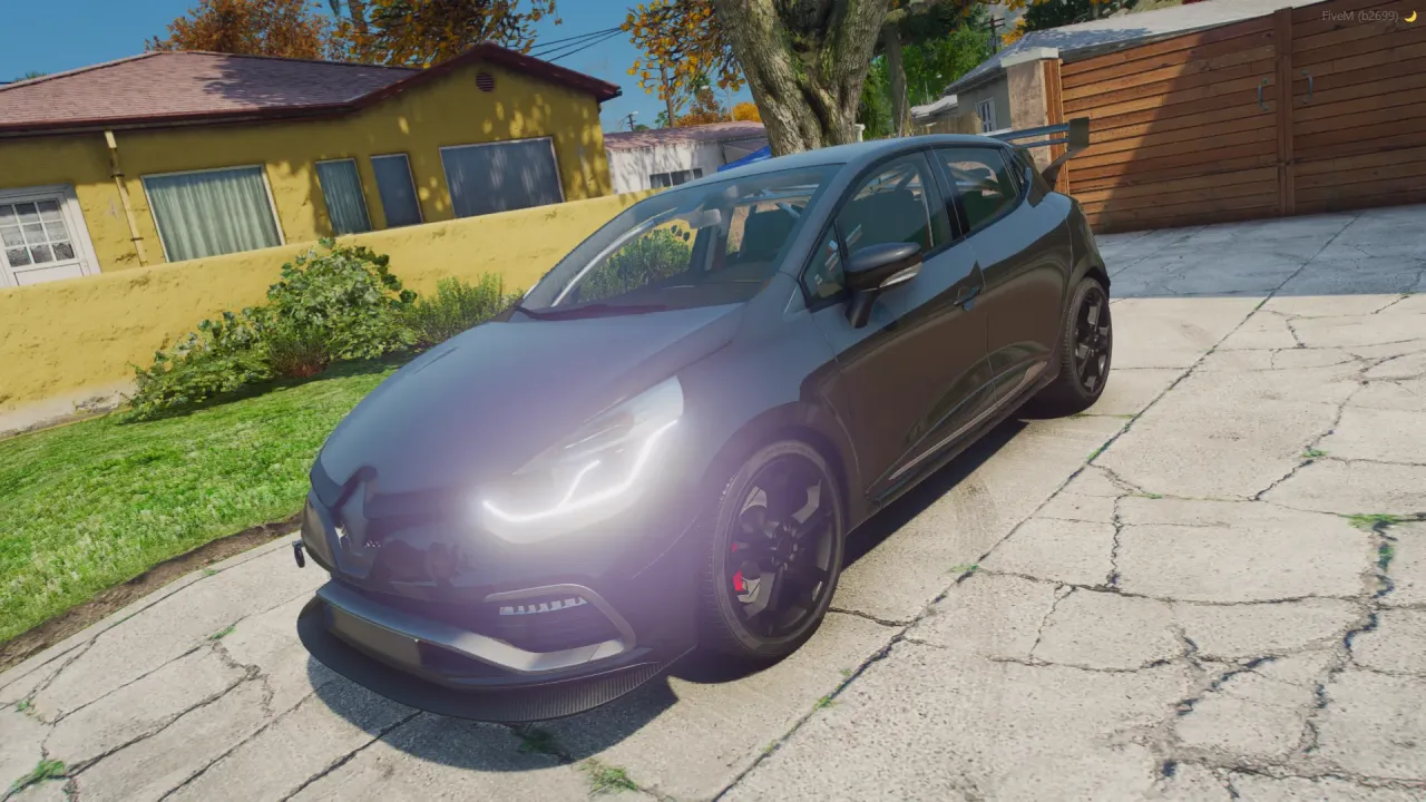 Renault - CLIO RS FiveM car in dark grey with glowing headlights, front three-quarter on a cracked driveway