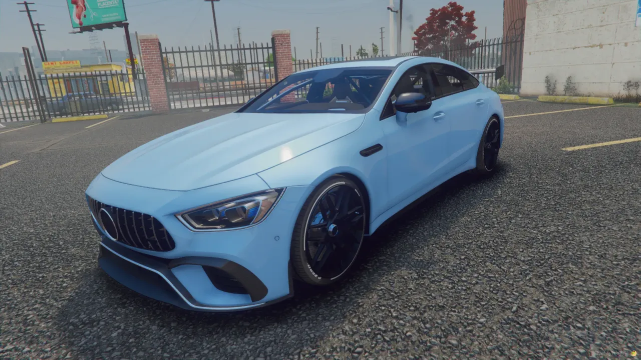 2018 Mercedes-Benz AMG GT FiveM car in light blue with black wheels, front three-quarter in a parking lot