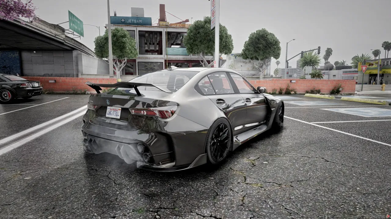 Sentinel TTS FiveM car in dark graphite with a rear wing and exhaust smoke, rear three-quarter view in a parking lot