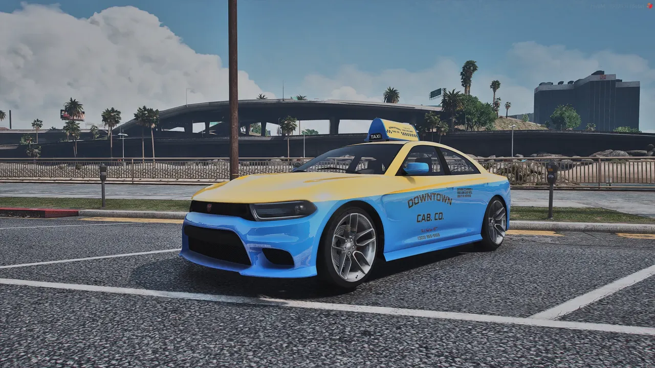 Yellow and blue cab livery on the Taxi Bravado Buffalo TTS, parked in a FiveM lot below a freeway overpass