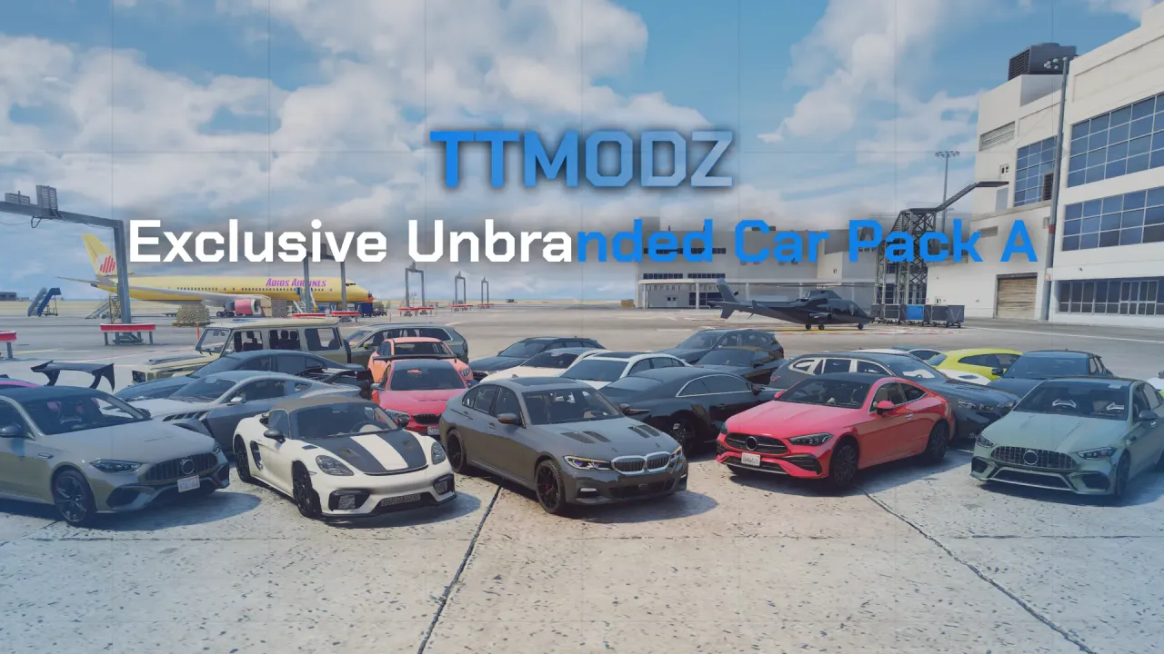 Grey, white and red sedans on an airport apron near a jet and helicopter, Unbranded Exclusive Car Pack A in FiveM
