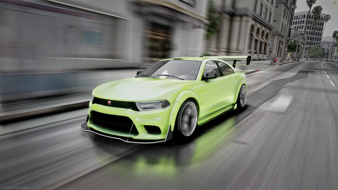 Buffalo TTX in lime green with a tall rear wing, a fivem bravado buffalo speeding down a city street