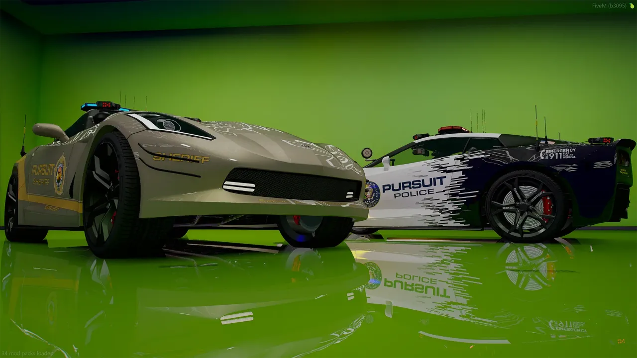 Invetero Coquette Z7 FiveM police cars in gold Pursuit Sheriff and white and blue Pursuit Police liveries