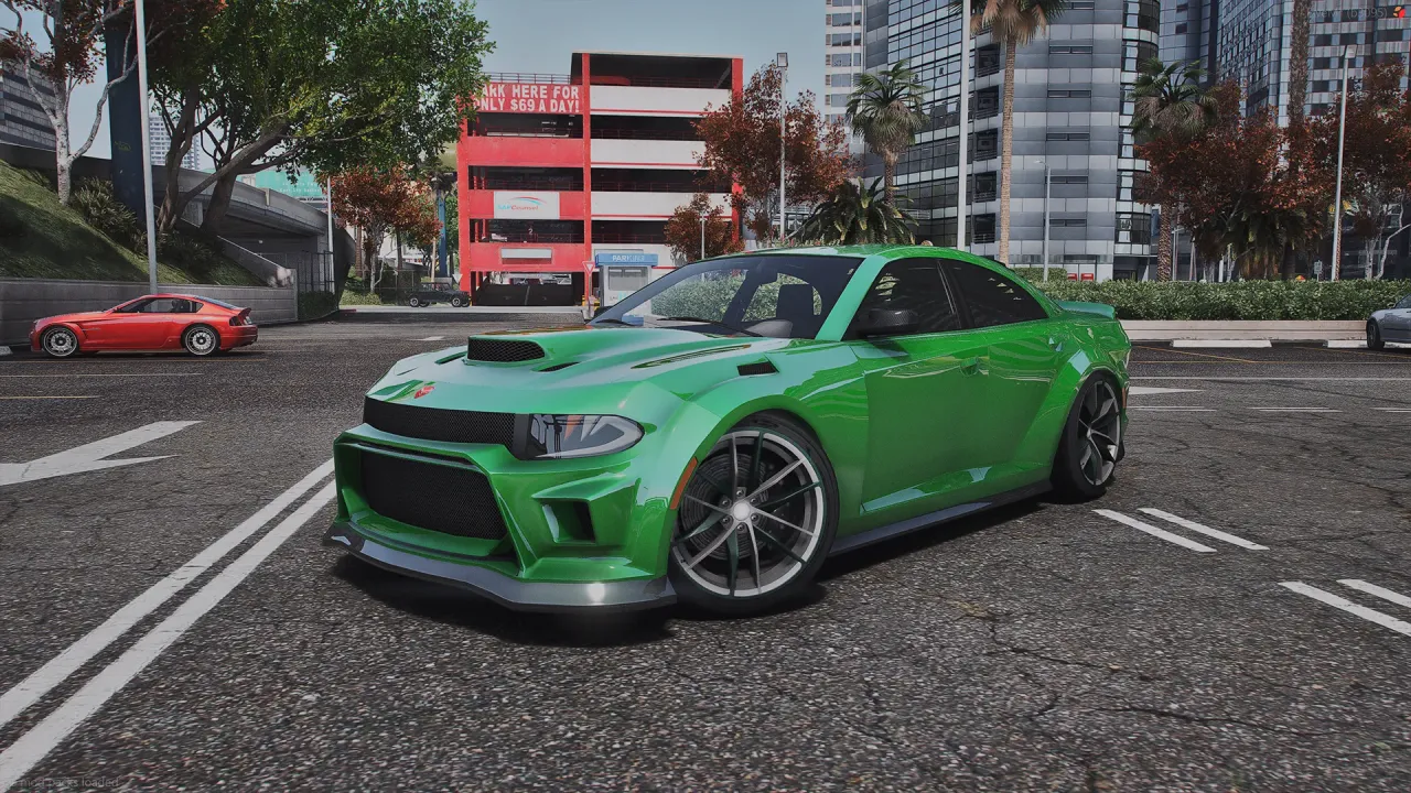 Bravado Buffalo TTS 15 in metallic green with a hood scoop, front three-quarter view in a city parking lot