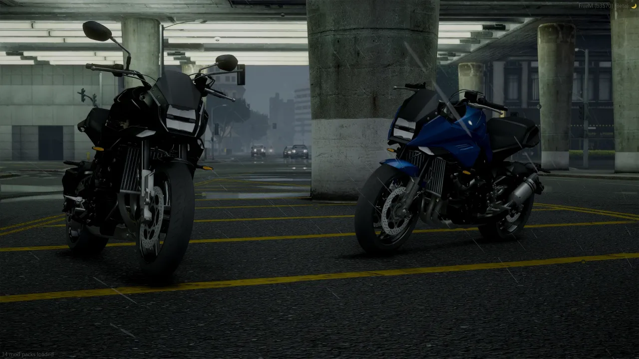 Suzuki Katana pair for FiveM and GTA5 in black and blue, parked inside a covered parking garage