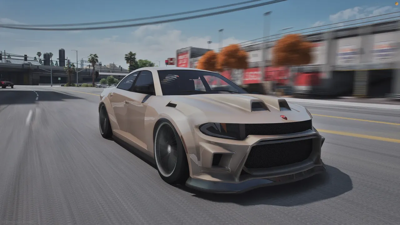 Bravado Buffalo TTS 15 FiveM car in pearl beige widebody form driving on a city road with motion blur