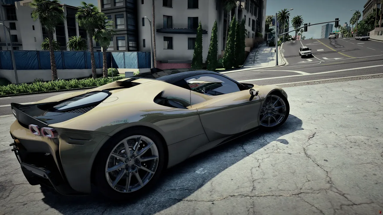 Ferrari SF90 Stradale FiveM car in bronze with silver wheels, rear three-quarter on a city street