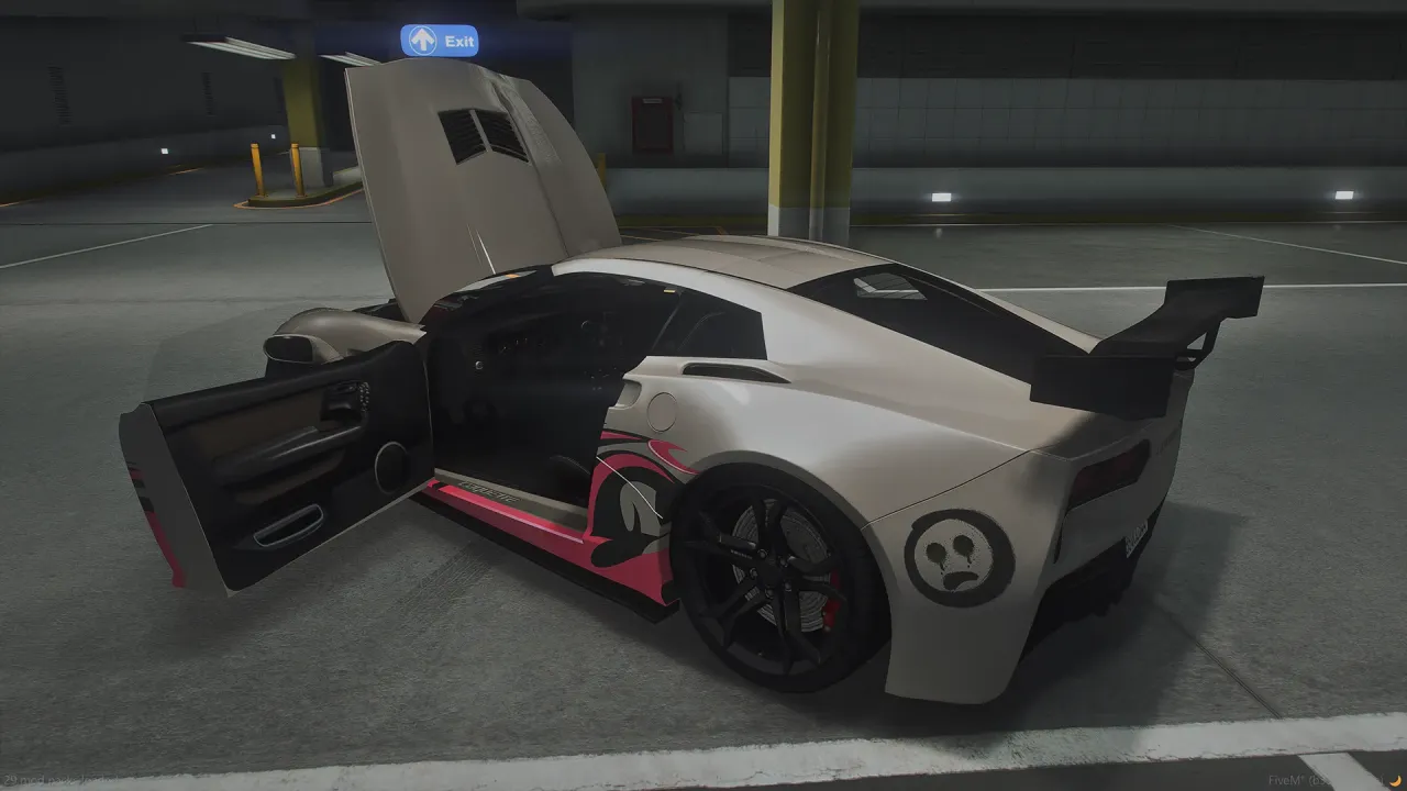 Invetero Coquette Z7 in white with pink graphics, hood and door open in an underground parking garage