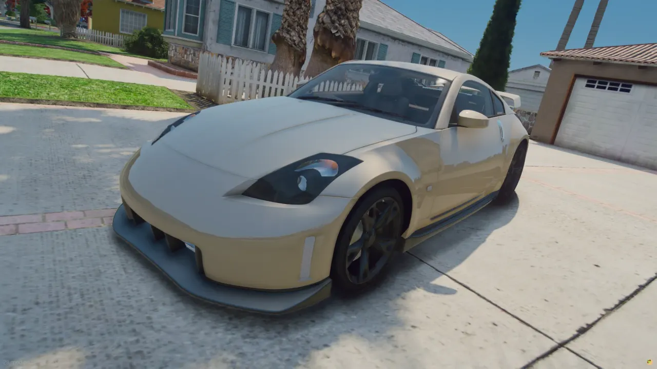 Nissan 350 Z FiveM car in sand beige with front splitter and dark wheels, front three-quarter view in a suburban driveway