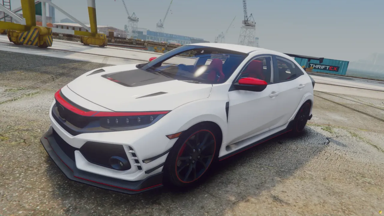 Honda Civic Type R 2017 FiveM hatchback in white with red trim and carbon hood, front three-quarter at the docks