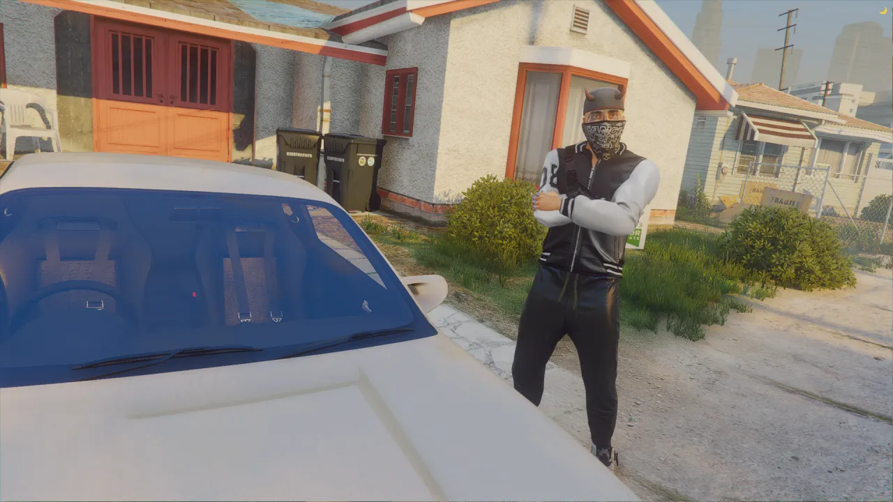 Salvagoon ped in a bandana mask and black track jacket, arms crossed near a white car outside a FiveM house