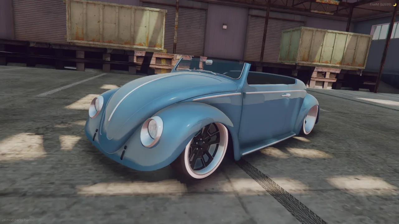 Volkswagen choptop 1966 FiveM convertible in pastel blue with white-wall wheels at a warehouse yard