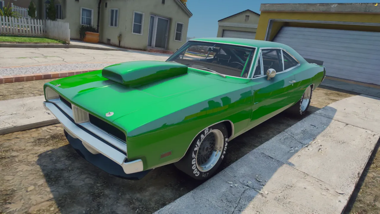 Dodge Charger 1969 FiveM muscle car in green with a hood scoop, front three-quarter view in a suburban driveway