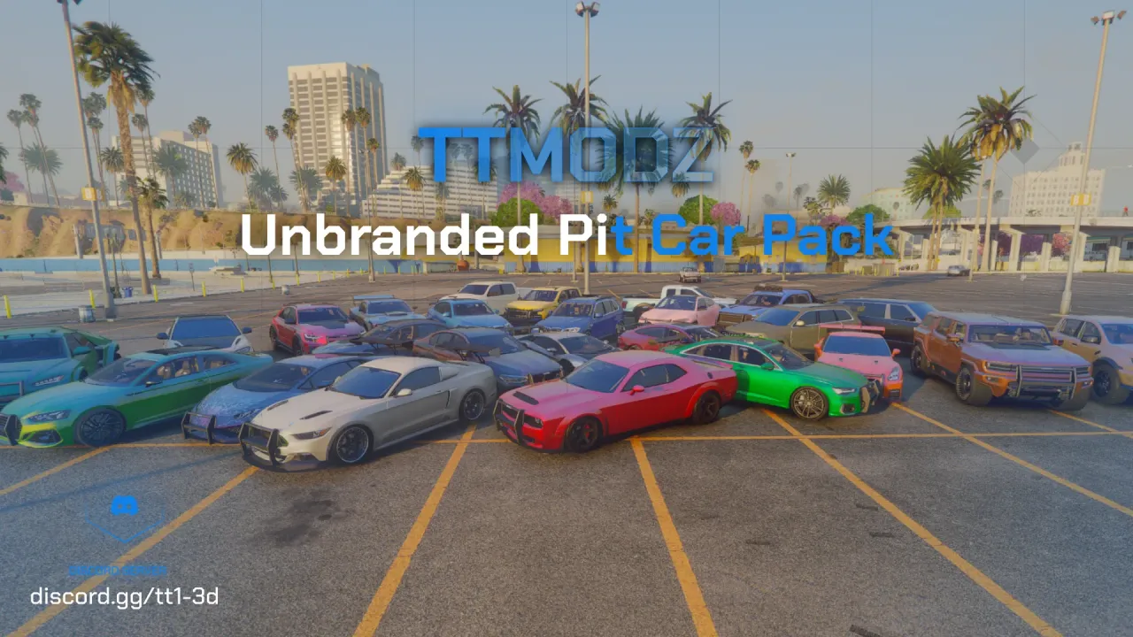 Unbranded Pit Car Pack cover, a fivem pit car pack of red, green and white cars in a palm-lined parking lot
