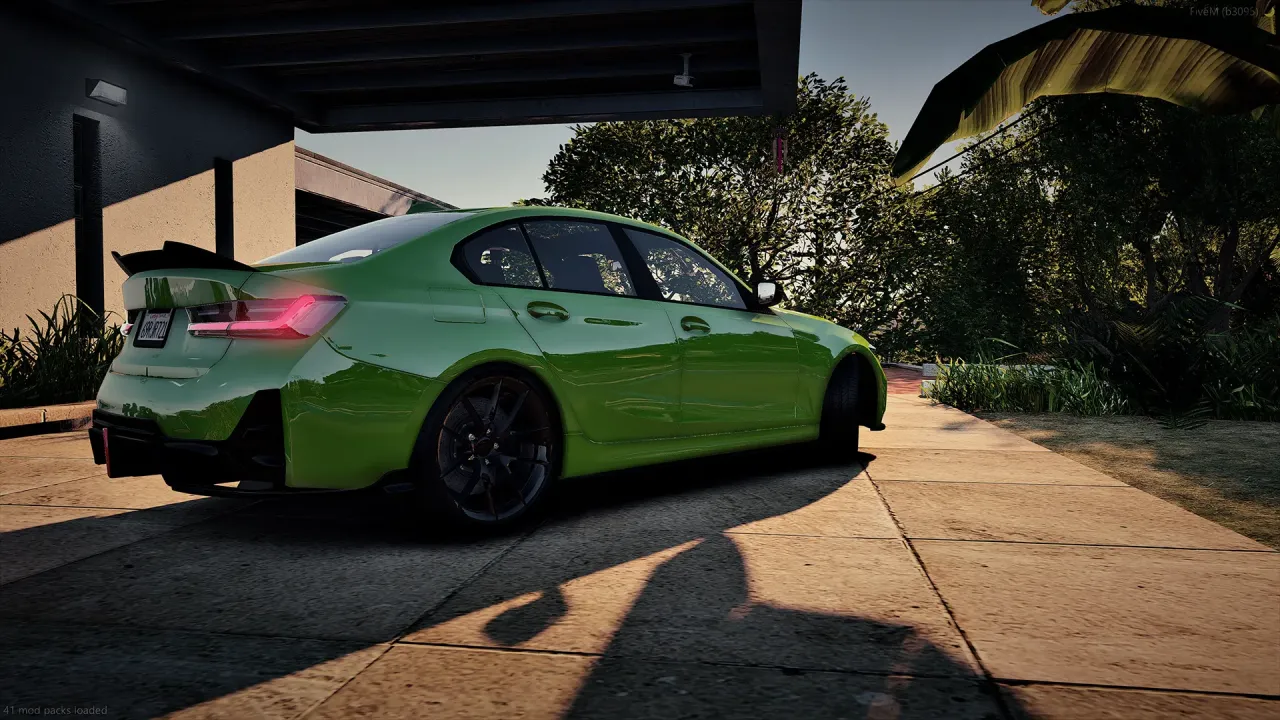 BMW M340i FiveM sedan in green with a rear spoiler, rear three-quarter under a house carport