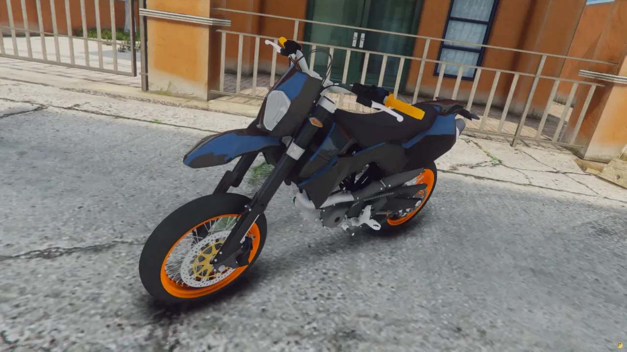 KTM EXC-F 450 2015 FiveM supermoto in blue and black with orange spoked wheels on a street by a railing