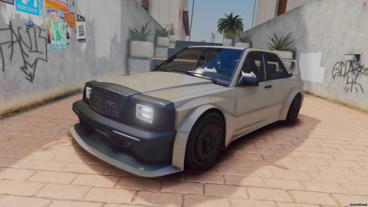 Mercedes-Benz 190E Evolution III FiveM car in grey widebody with black wheels, front three-quarter view in a graffiti alley