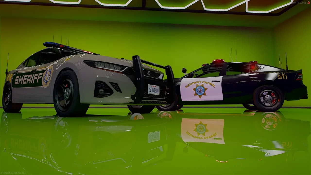 Annis Minimus FiveM police car pair in sheriff and highway patrol liveries with roof lightbars in a green garage