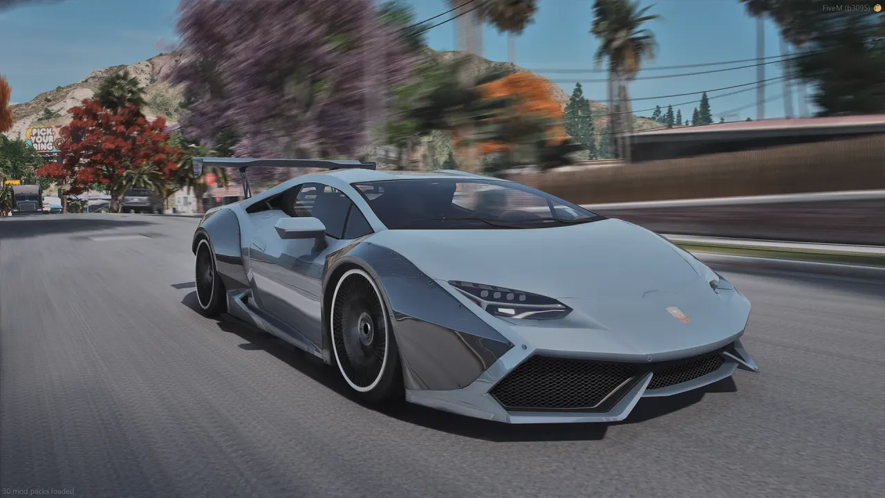 Pegassi Tempesta TTS FiveM supercar in pale grey and chrome driving on a road past blossoming trees