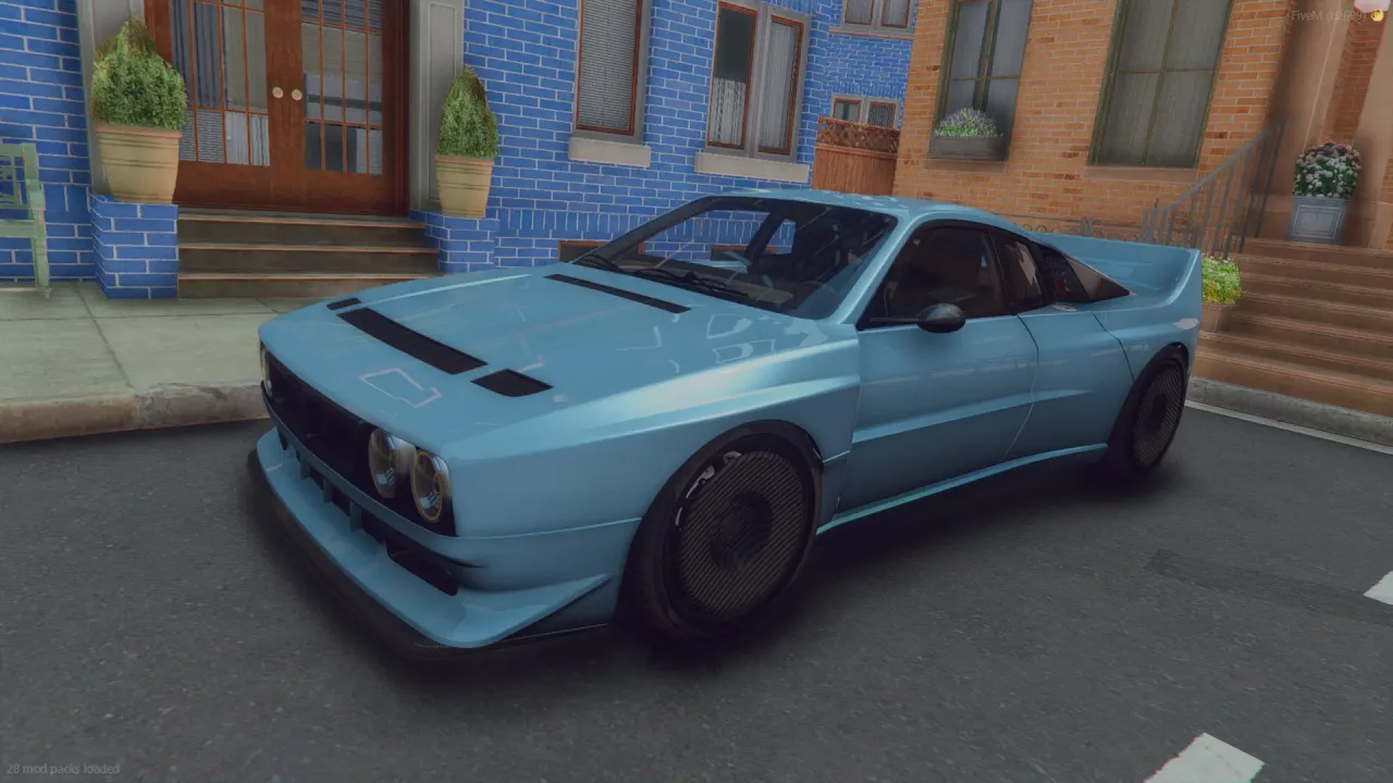 Kimera Evo 37 1980 FiveM coupe in pale blue with black hood stripes, front three-quarter on a brick city street