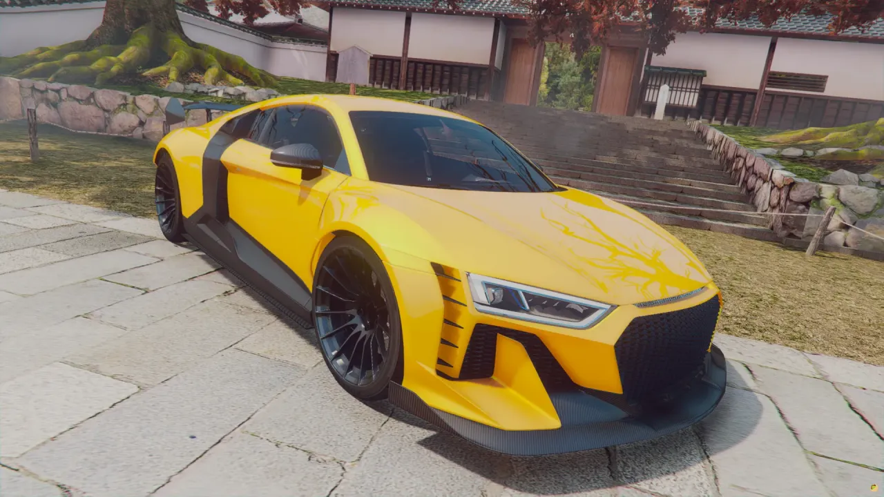 Yellow Audi R8 4.2 FSI Quattro 2007 FiveM car with a widebody kit, front three-quarter beside a temple