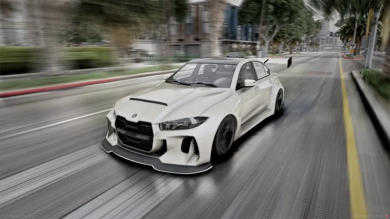Sentinel TTS in white with black wheels and a rear wing driving on a city road with motion blur