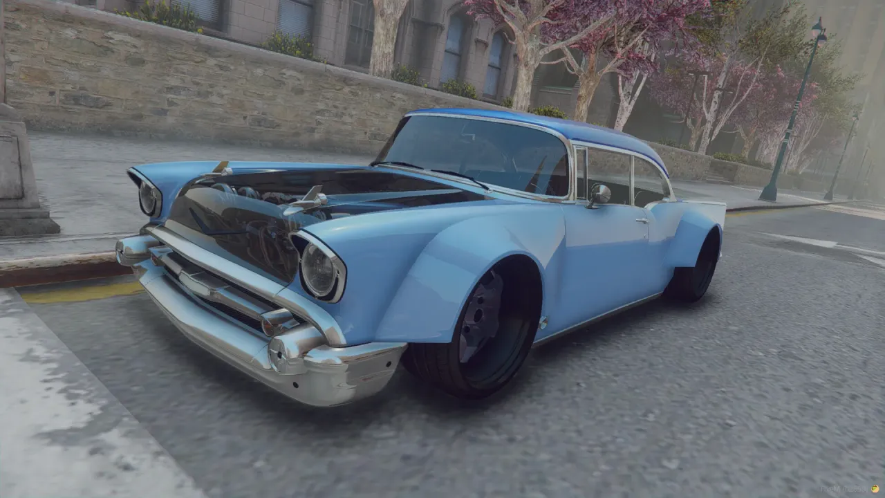 Chevrolet Belair 1957 FiveM car in light blue with an exposed engine and chrome bumper on a city street