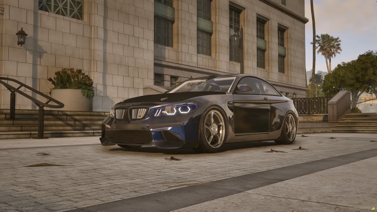 Cypher T2 in dark blue with bronze wheels parked on a stone plaza, front three-quarter view by a building