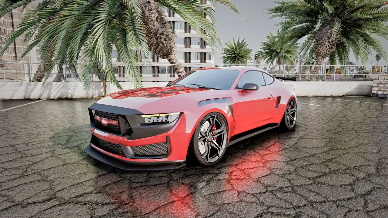 Vapid Dominator Black GT 24 FiveM car in coral red with a black front end under palm trees, front three-quarter view