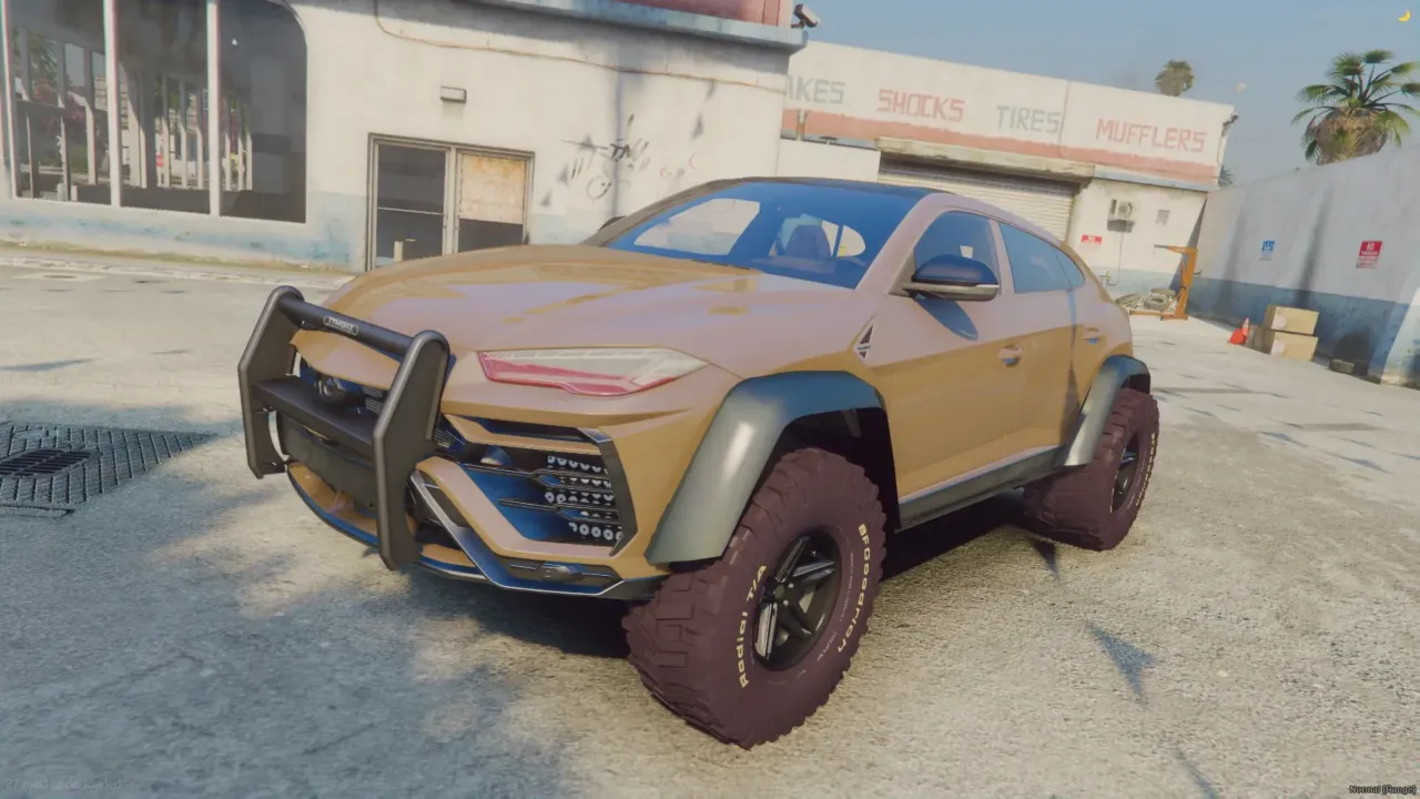 Lamborghini Urus 2019 lifted in tan with a push bar and chunky tyres outside a tire and muffler shop