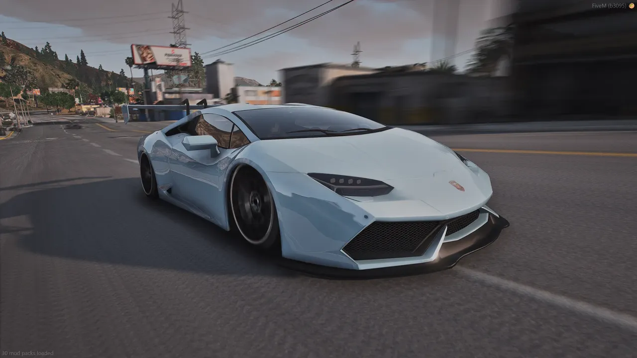 Pegassi Tempesta in white widebody trim, a fivem pegassi tempesta driving a desert highway past a billboard
