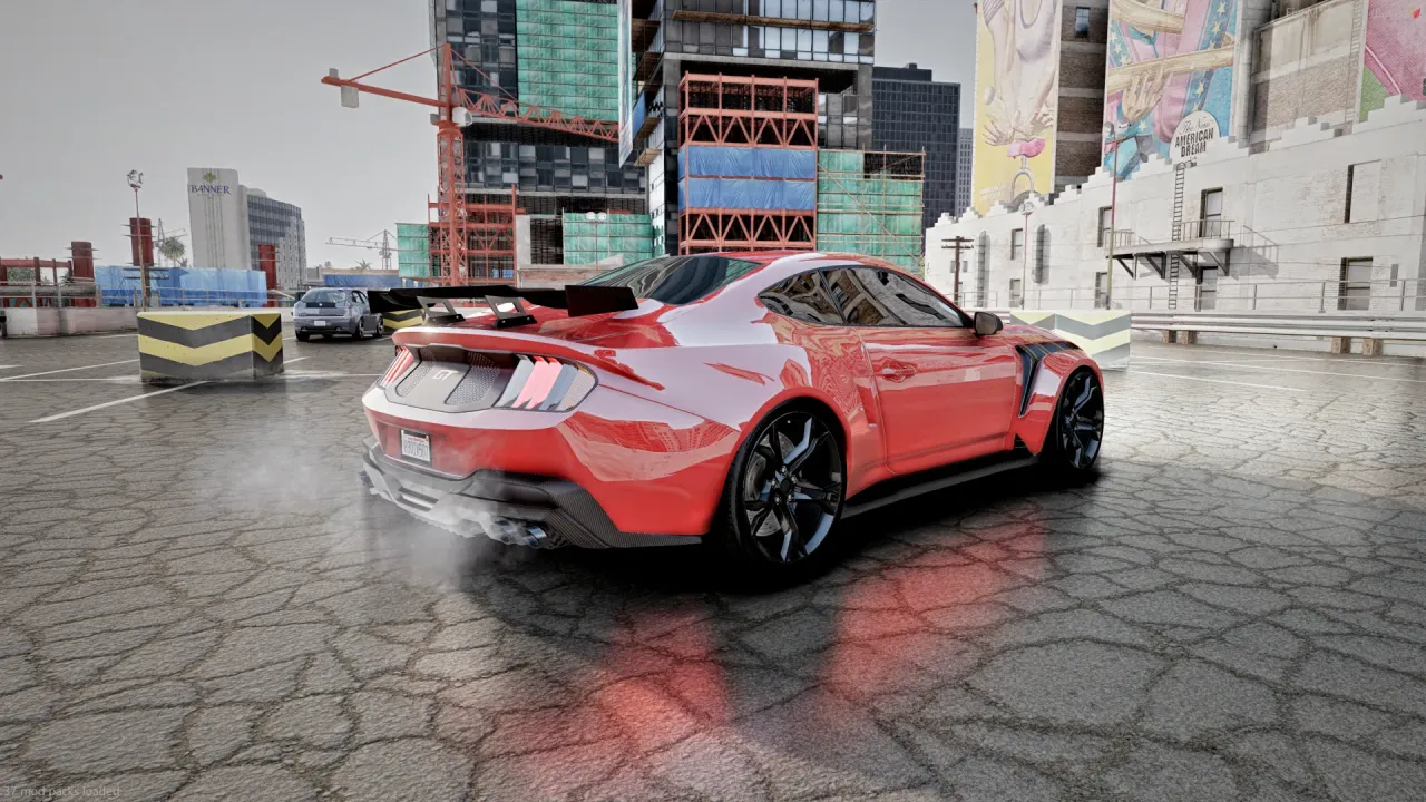 Vapid Dominator Black GT 24 in red with a rear wing and exhaust smoke, rear three-quarter view by a construction site