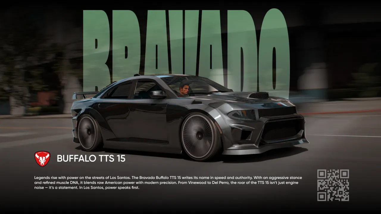 Bravado Buffalo TTS 15 fivem muscle car in dark grey, front three-quarter view under green Bravado lettering