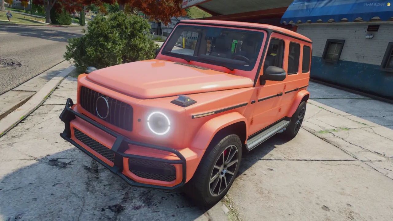 Mercedes-Benz G Serisi 63 AMG FiveM car in coral orange with black bull bar and halo headlights, front three-quarter view