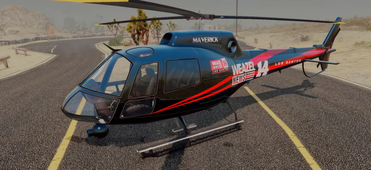 Weazel Maverick helicopter in black with red stripes and News 14 markings, parked on a FiveM desert road