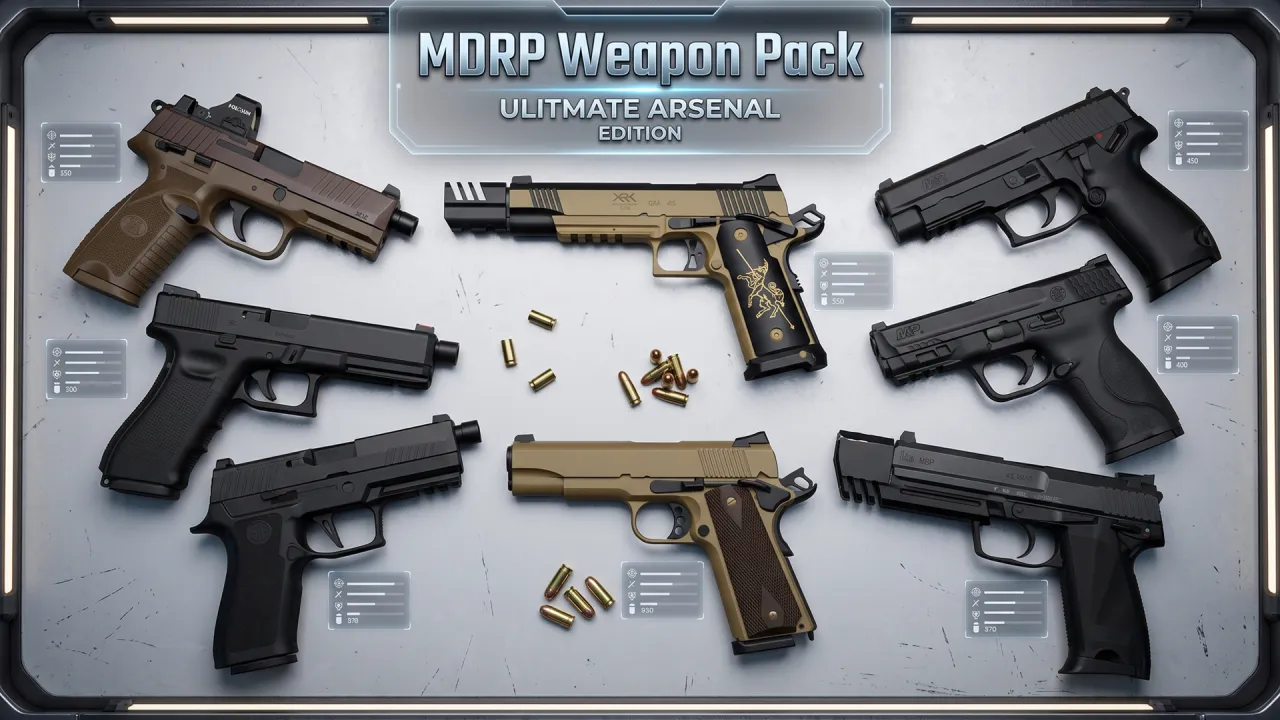 FiveM MDRP Weapon Packs cover showing eight pistols and loose brass rounds under an Ultimate Arsenal Edition title