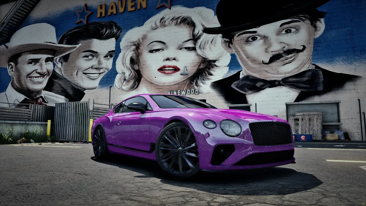 Bentley Continental GT FiveM coupe in glossy magenta, parked before a retro Vinewood celebrity mural
