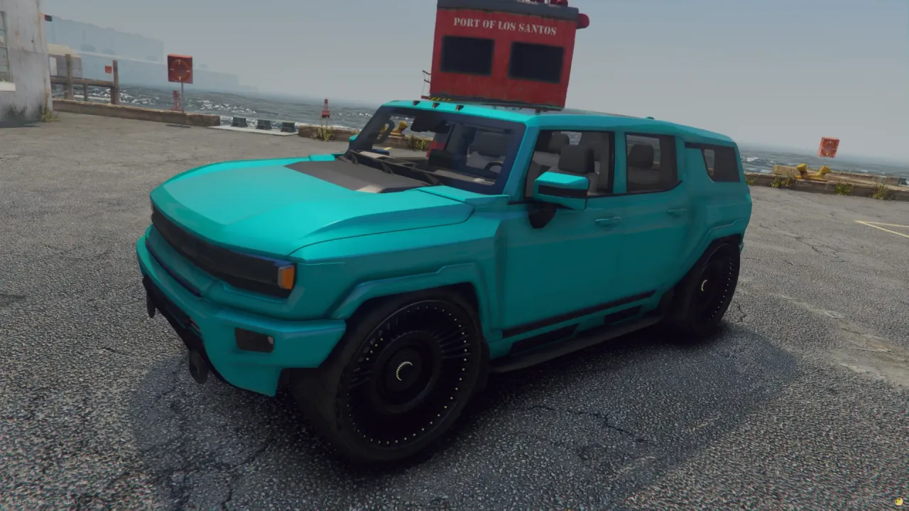 Hummer EV 2024 FiveM SUV in teal with large black wheels, front three-quarter at the port by the sea