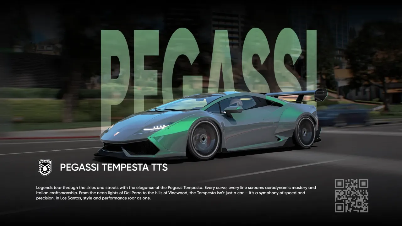 Pegassi Tempesta TTS cover with a grey and green widebody fivem exotic car and tall rear wing under Pegassi lettering