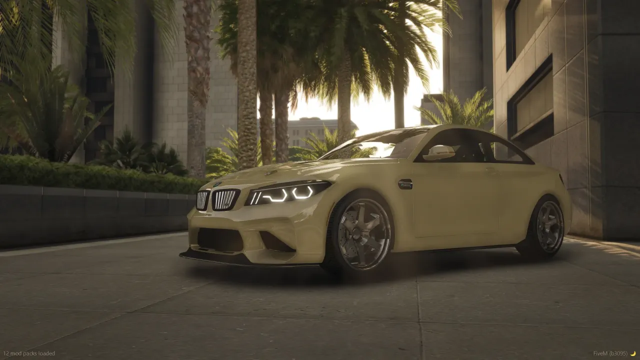 Cypher T2 in cream with glowing headlights, front three-quarter view among palm trees at sunset