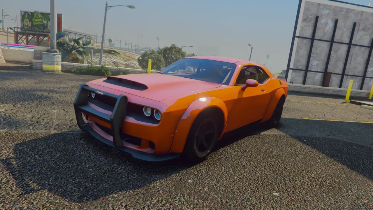 Dodge Demon 2016 FiveM pit car in orange with a push bar, front three-quarter in a parking lot