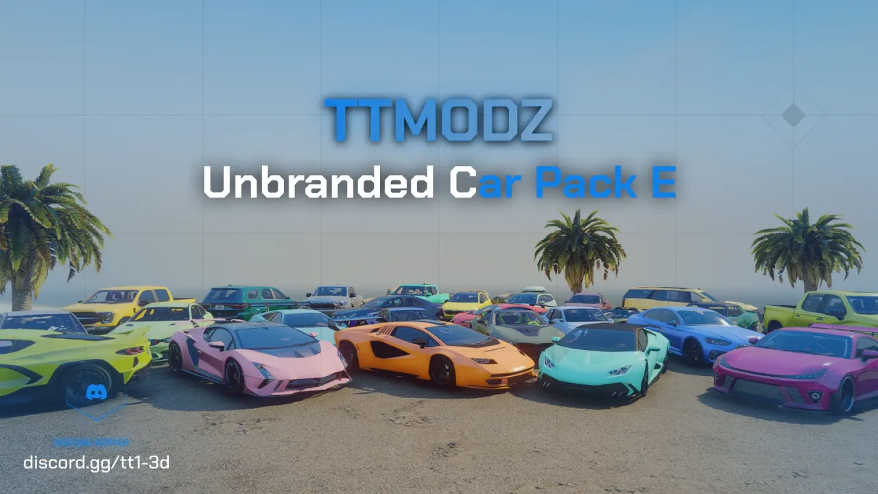 Unbranded Car Pack E fivem vehicle pack cover with pink, orange and teal supercars among palms and pickups