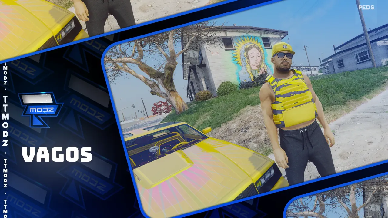 Vagos gang member in a yellow cap, sunglasses and vest stands beside a car near a mural on the FiveM ped cover