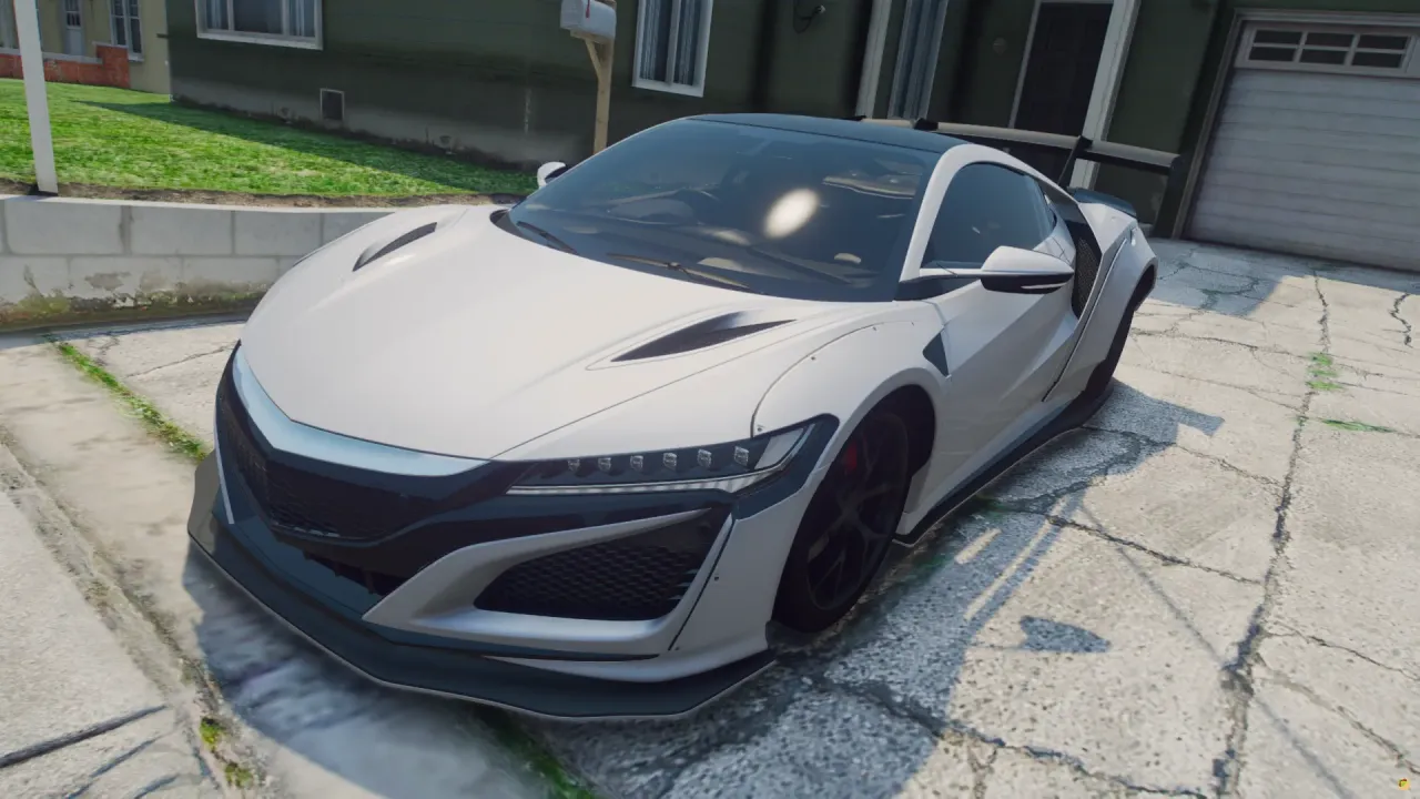 Honda NSX FiveM sports car in pearl white with black wheels, front three-quarter in a residential driveway
