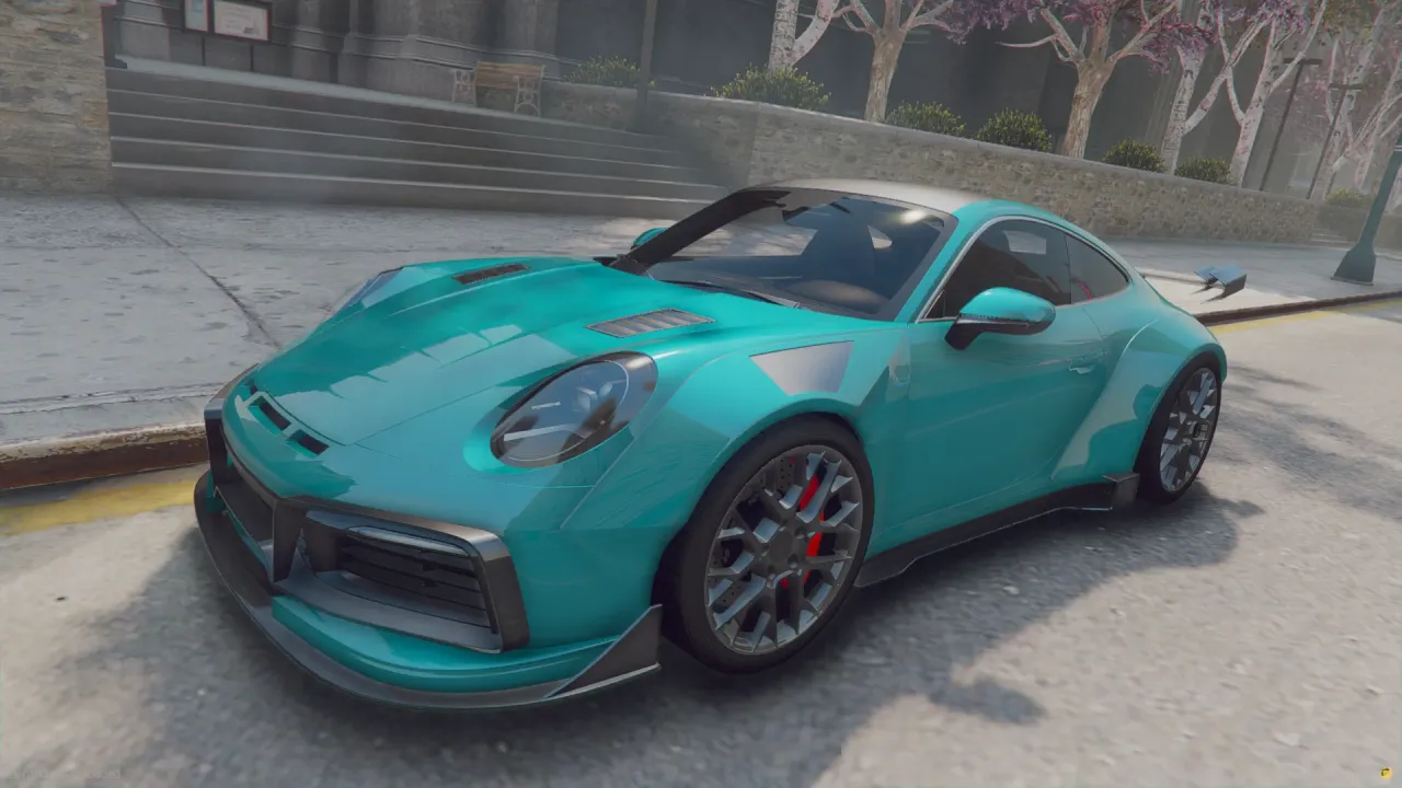 Porsche 911 Turbo S 2022 FiveM car in teal with red brake calipers, front three-quarter view by a plaza