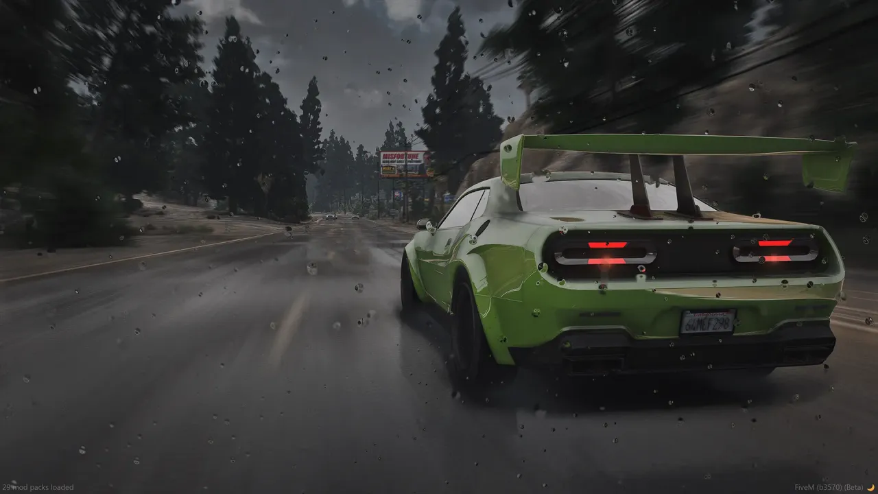 Bravado Gauntlet Hellfire TTS in lime green with a big rear wing driving away on a wet forest road in the rain