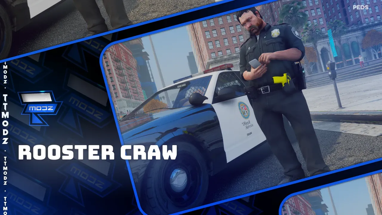 Rooster Craw ped cover, a bearded heavyset officer in black uniform checking his phone beside a FiveM patrol car